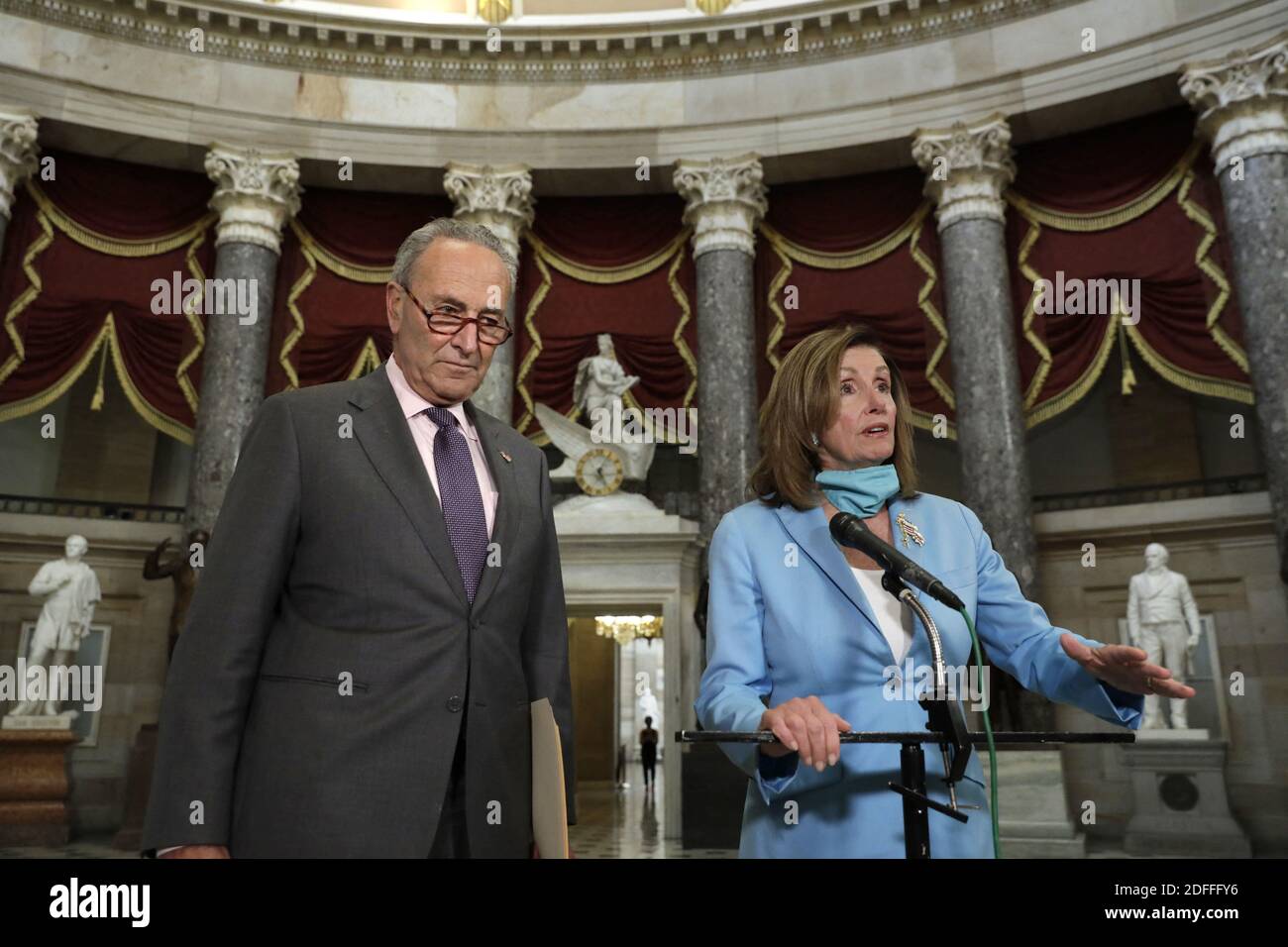 U.S. House Speaker Nancy Pelosi (D-CA) and Senate Minority Leader Chuck Schumer (D-NY) speak to the media after a meeting with Treasury Secretary Steve Mnuchin and White House Chief of Staff Mark Meadows on Capitol Hill in Washington on August 5, 2020. Photo by Yuri Gripas/ABACAPRESS.COM Stock Photo