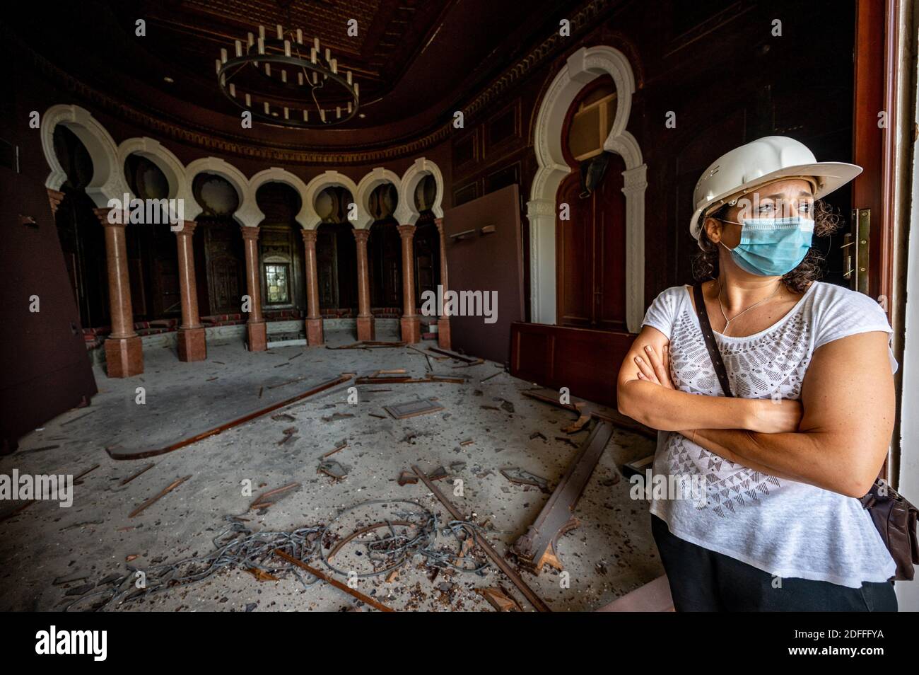 Zeina Arida, director of the Sursock Museum, walks in the devastated galleries and exhibition halls of the museum, that by come to watch the destructions at the port of Beirut, as seen on the day after a huge unknown blast at the port of Beirut, Lebanon on August 5, 2020. Photo by Ammar Abd Rabbo/ABACAPRESS.COM Stock Photo