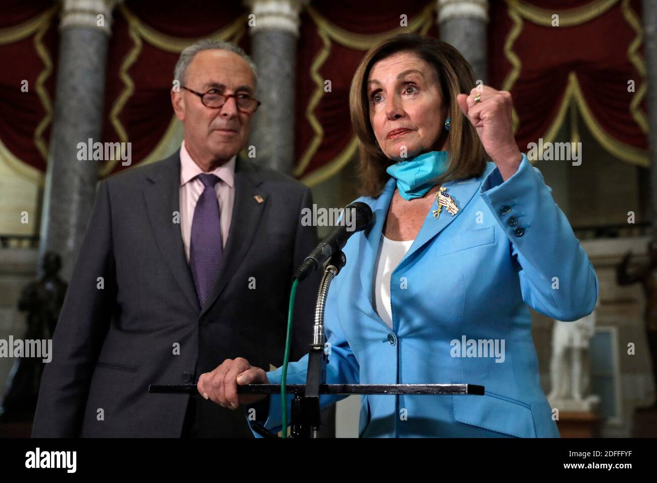 U.S. House Speaker Nancy Pelosi (D-CA) and Senate Minority Leader Chuck Schumer (D-NY) speak to the media after a meeting with Treasury Secretary Steve Mnuchin and White House Chief of Staff Mark Meadows on Capitol Hill in Washington on August 5, 2020. Photo by Yuri Gripas/ABACAPRESS.COM Stock Photo
