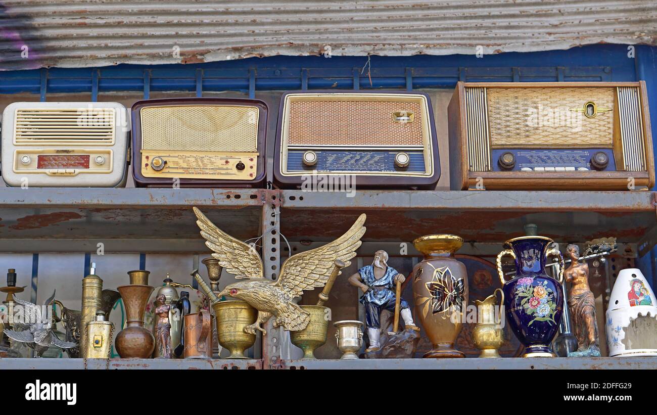 Athens, Greece May 03, 2015 Old radios and Brass antiques at Greek