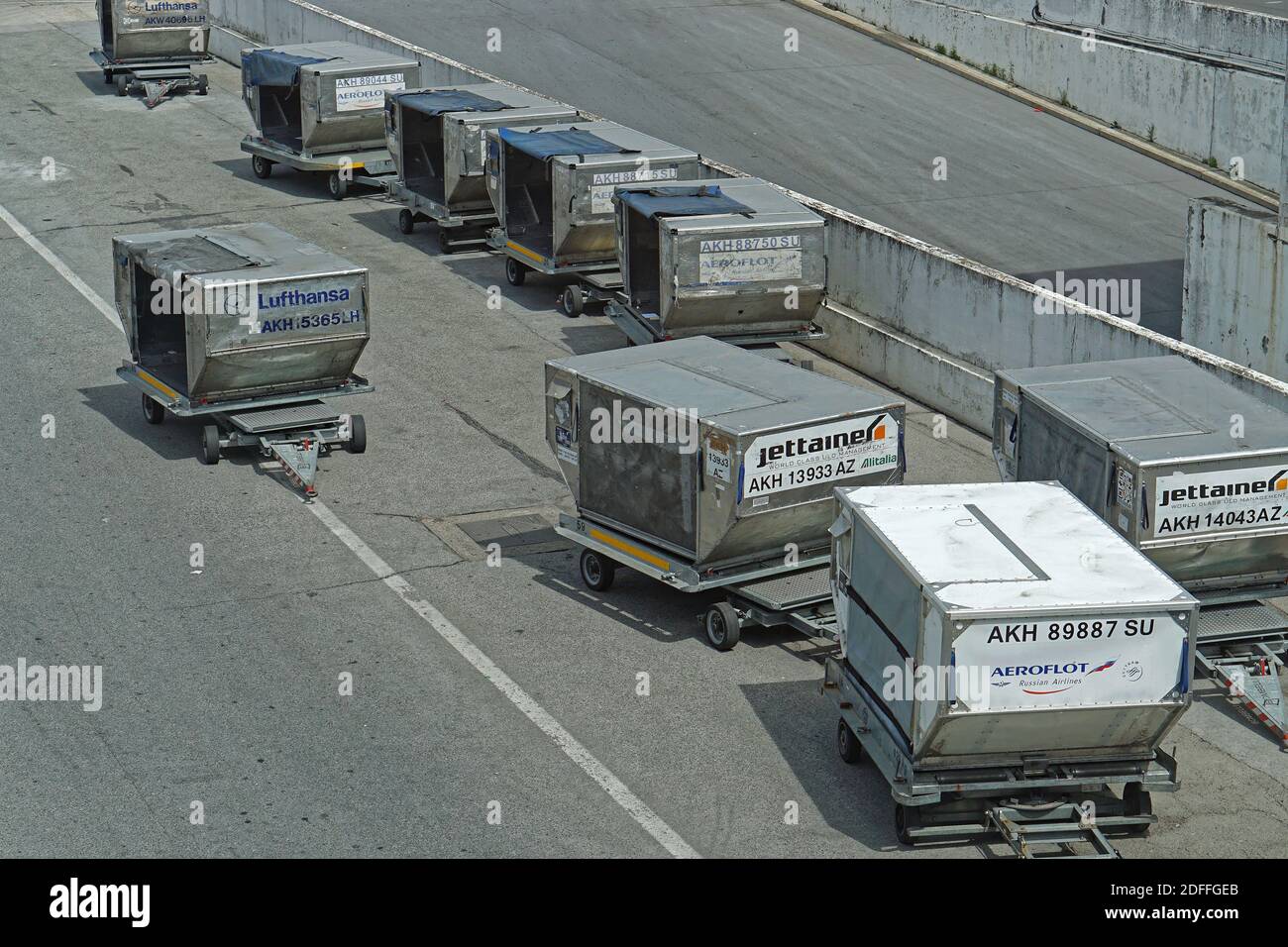Belgrade, Serbia - May 01, 2015: Unit load devices cargo containers carts at airport Nikola Tesla, Surcin. Stock Photo