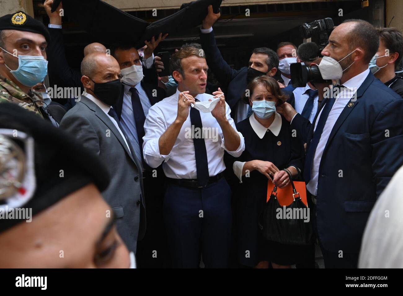 French President Emmanuel Macron amid heavy security forces visiting the Gemmayze district in Beirut, Lebanon on August 6, 2020 to express support for Lebanon in the wake of a massive explosion that tore through the capital earlier this week. France has send emergency aid and search-and-rescue teams. Photo by Ammar Abd Rabbo/ABACAPRESS.COM Stock Photo