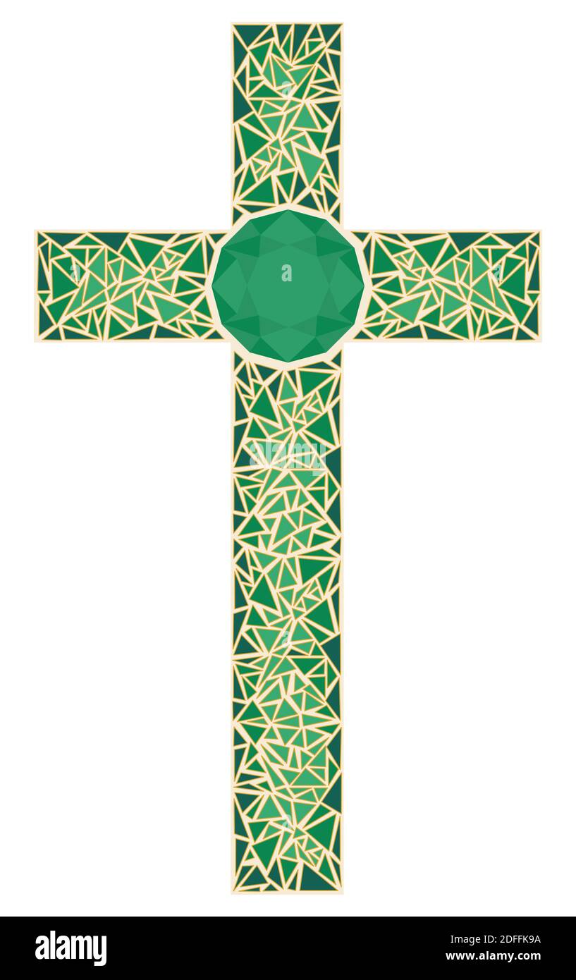 Mosaic stained glass cross. Jewelry golden cross with emerald. Isolated