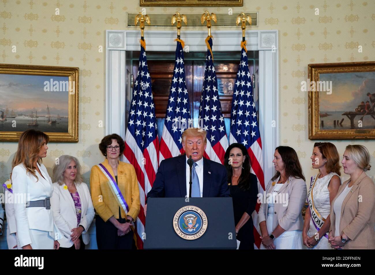 US President Donald J. Trump delivers remarks during a signing ceremony to mark the 100th Anniversary of the Ratification of the 19th Amendment at the White House in Washington, DC, USA, 18 August 2020. This year marks the 100th anniversary of the 19th amendment in the United States, which guaranteed American women the right to vote. Photo by Anna Moneymaker/Pool/ABACAPRESS.COM Stock Photo