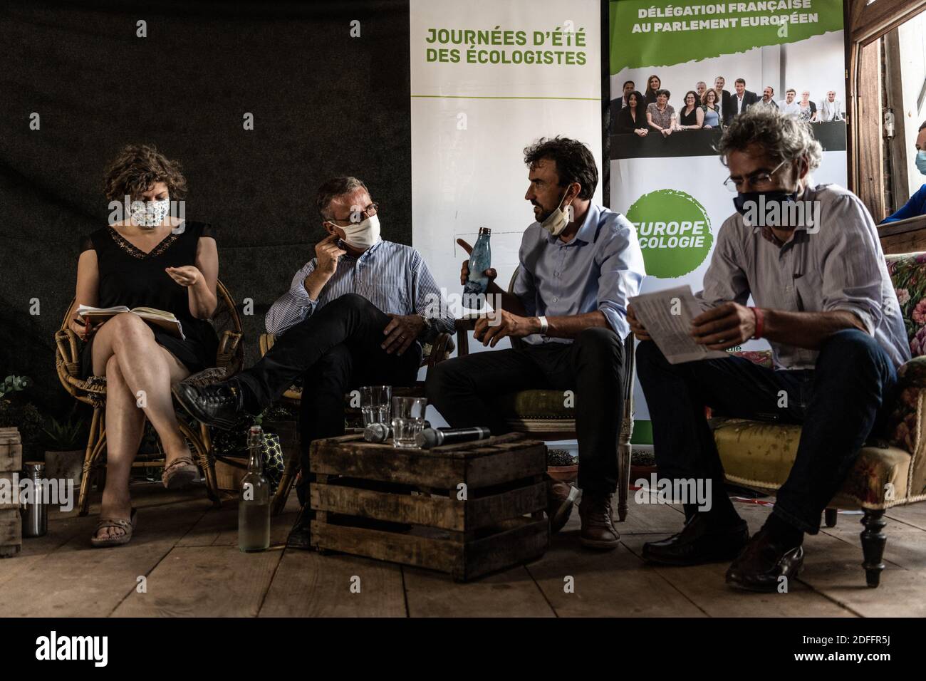 From left to rigth, Jeanne Barseghian, Mayor of Strasbourg, Pierre Hurmic, Mayor of Bordeaux, Gregory Doucet, Mayor of Lyon, and Didier Jau, Mayor of the 4th and 5th district of Marseille attending Europe Ecologie Les Verts (EELV) ecologist party's summer university in Pantin, France, on August 21, 2020. Photo by Daniel Derajinski/ABACAPRESS.COM Stock Photo