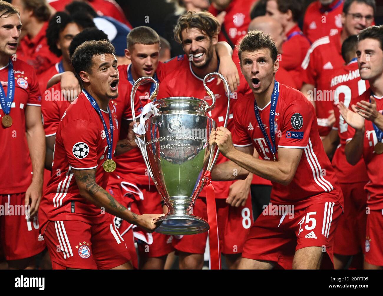 Handout. Editorial Use Only. Philippe Coutinho, Michael Cuisance, Javi  Martinez, and Thomas Mueller of FC Bayern Munich celebrate with the UEFA Champions  League Trophy following their team's victory in the UEFA Champions