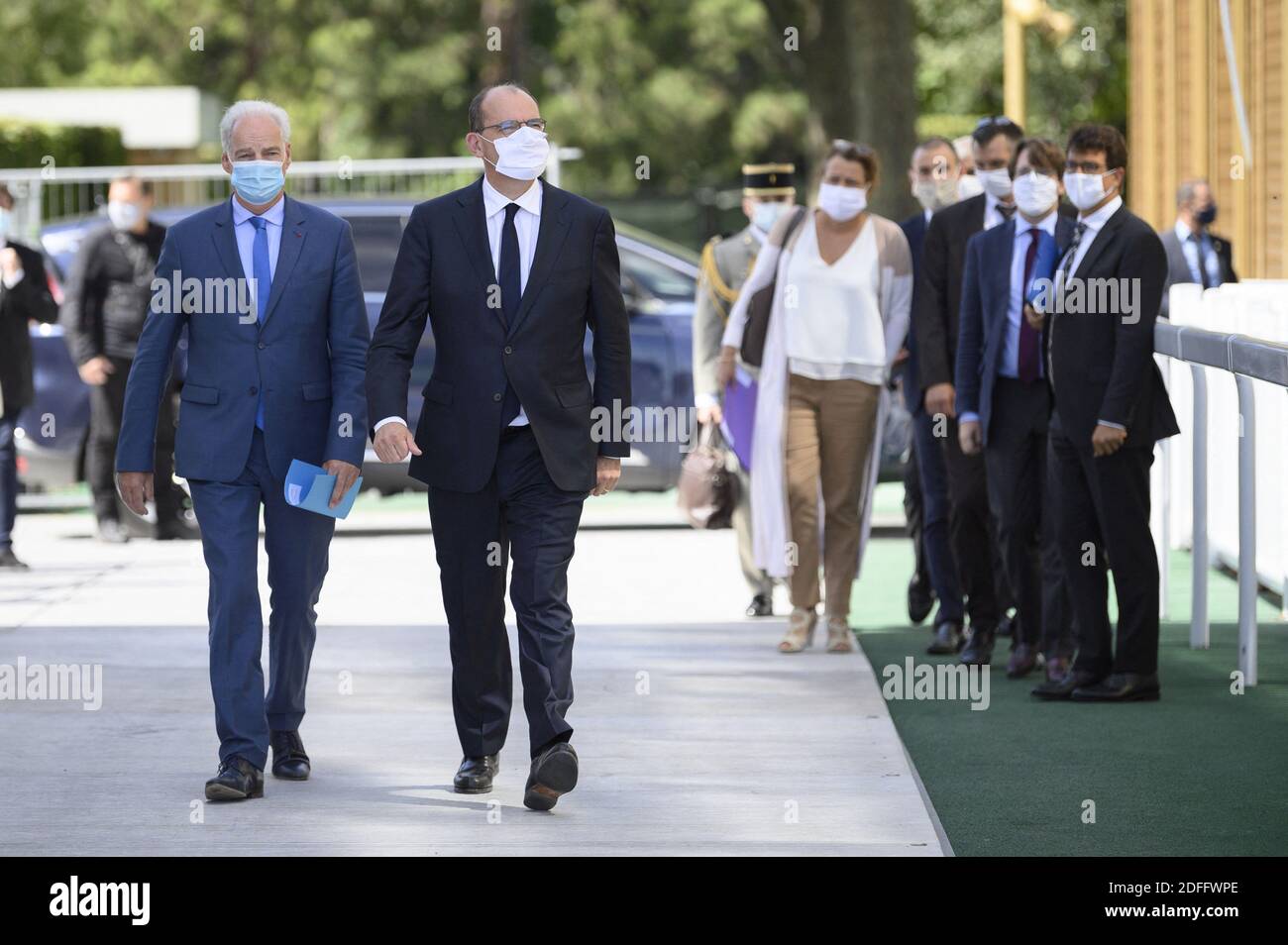 French Prime Minister Jean Castex (R) , Junior Minister for Small and Medium Entreprises Alain Griset wearing protective face masks arrive at the Medef themed 'The Renaissance of French Companies', at the Paris Longchamp Racecourse in Paris, on August 26, 2020. Photo by Eliot Blondet/ABACAPRESS.COM Stock Photo