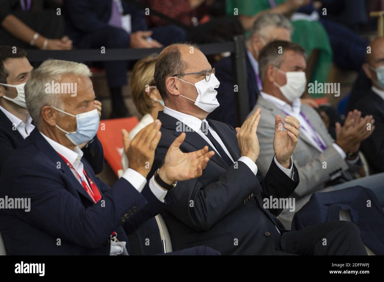 French Prime Minister Jean Castex, wearing a protective face mask, attends the Medef themed 'The Renaissance of French Companies', at the Paris Longchamp Racecourse in Paris, on August 26, 2020. Photo by Eliot Blondet/ABACAPRESS.COM Stock Photo