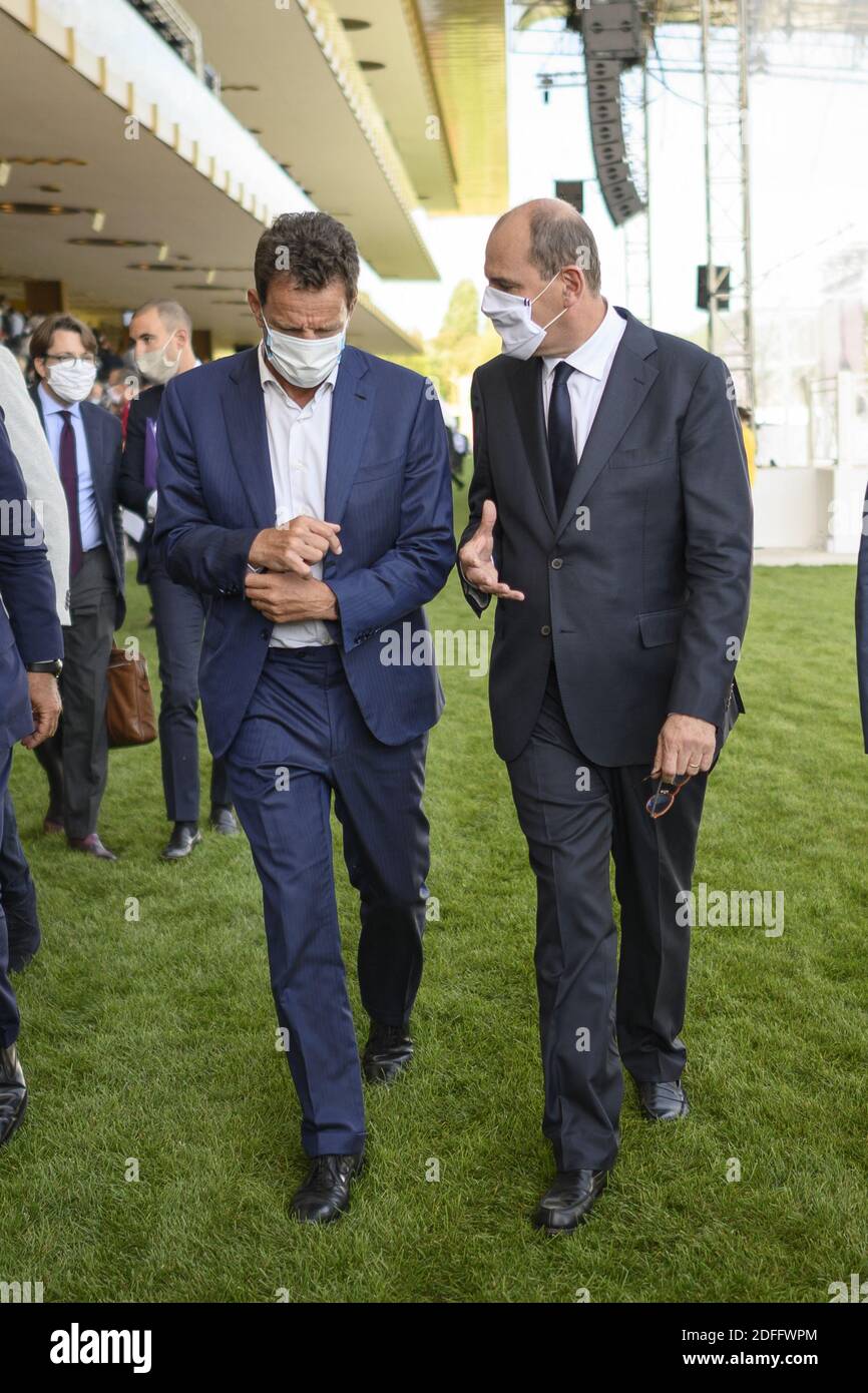 French Employers' association (Medef) President Geoffroy Roux de Bezieux (R) with French Prime Minister Jean Castex, wearing protective face masks, during the summer Medef meeting 'The Renaissance of French Companies' at the Longchamp horse racetrack in Paris on August 26, 2020. Photo by Eliot Blondet/ABACAPRESS.COM Stock Photo