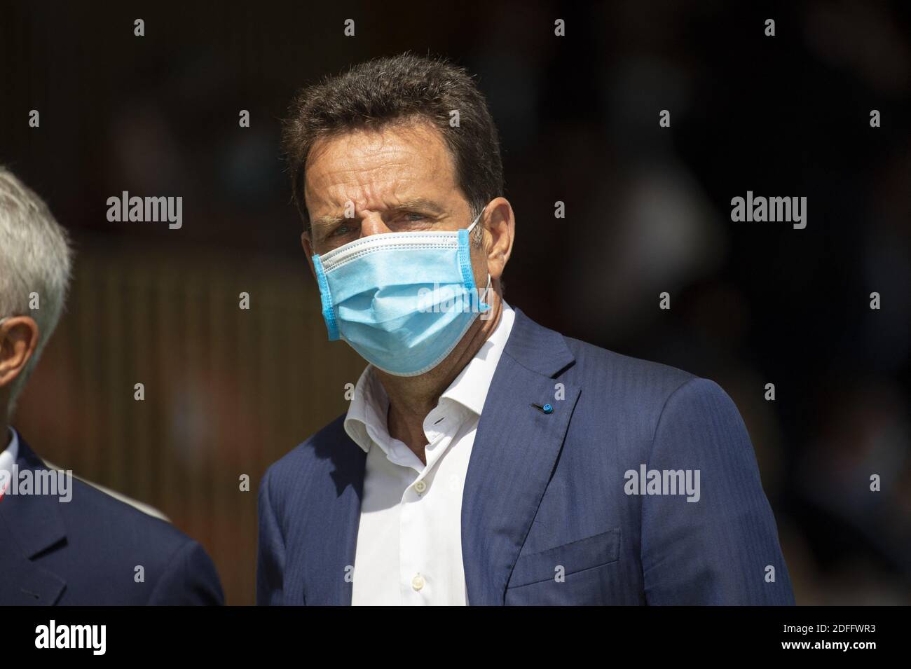 French Employers' association (Medef) President Geoffroy Roux de Bezieux and MEDEF Vice President Patrick Martin, wearing protective face masks attends at the Medef themed 'The Renaissance of French Companies', at the Paris Longchamp Racecourse in Paris, on August 26, 2020.Photo by Eliot Blondet/ABACAPRESS.COM Stock Photo
