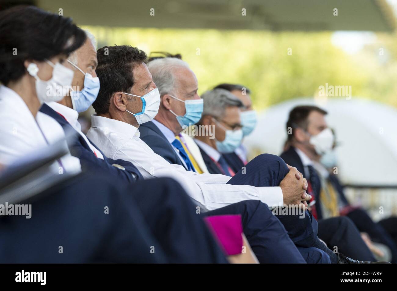French Employers' association (Medef) President Geoffroy Roux de Bezieux wearing protective face masks attends at the Medef themed 'The Renaissance of French Companies', at the Paris Longchamp Racecourse in Paris, on August 26, 2020.Photo by Eliot Blondet/ABACAPRESS.COM Stock Photo
