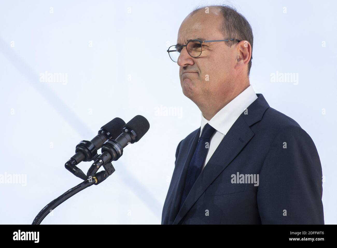 French Prime Minister Jean Castex looks on as he delivers a speech during the summer meeting of French employers association Medef themed 'The Renaissance of French Companies' at the Longchamp horse racetrack in Paris on August 26, 2020. Photo by Eliot Blondet/ABACAPRESS.COM Stock Photo