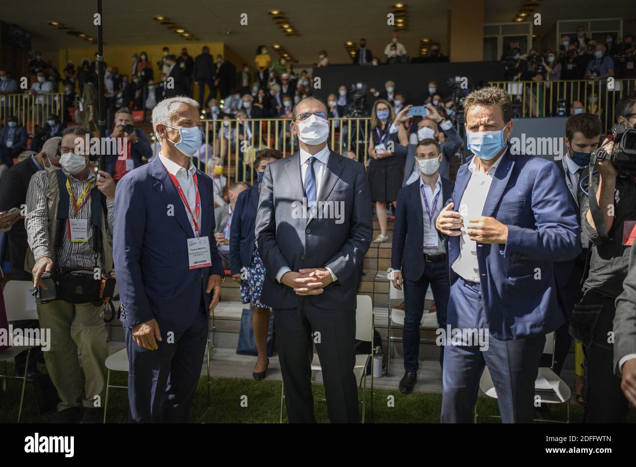 French Employers' association (Medef) President Geoffroy Roux de Bezieux (R) with French Prime Minister Jean Castex, wearing protective face masks, during the summer Medef meeting 'The Renaissance of French Companies' at the Longchamp horse racetrack in Paris on August 26, 2020. Photo by Eliot Blondet/ABACAPRESS.COM Stock Photo