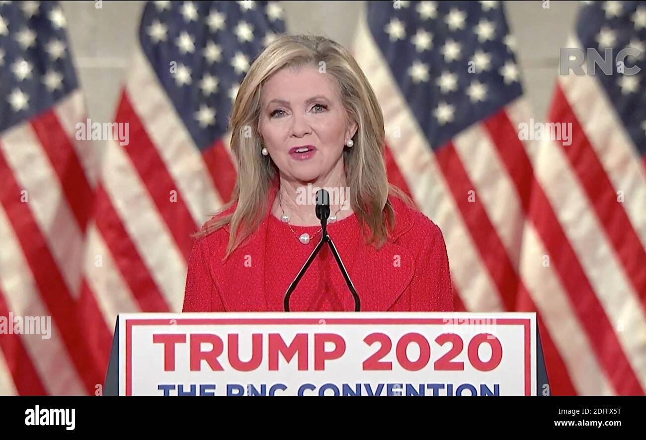 In this image from the Republican National Convention video feed, United States Senator Marsha Blackburn (Republican of Tennessee), makes remarks during the third day of the convention on Wednesday, August 26, 2020. Photo by Republican National Convention via CNP/ABACAPRESS.COM Stock Photo