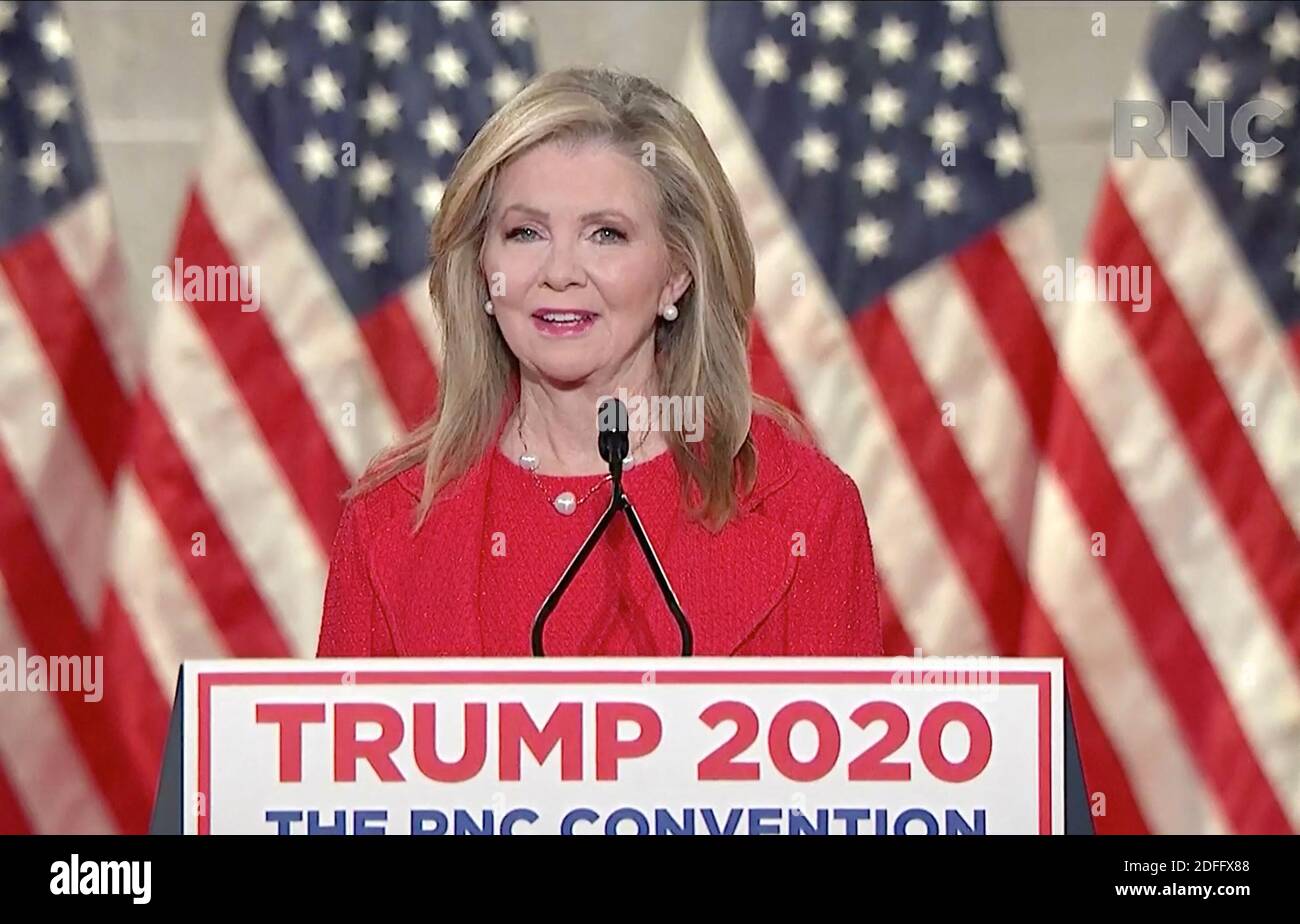 In this image from the Republican National Convention video feed, United States Senator Marsha Blackburn (Republican of Tennessee), makes remarks during the third day of the convention on Wednesday, August 26, 2020. Photo by Republican National Convention via CNP/ABACAPRESS.COM Stock Photo
