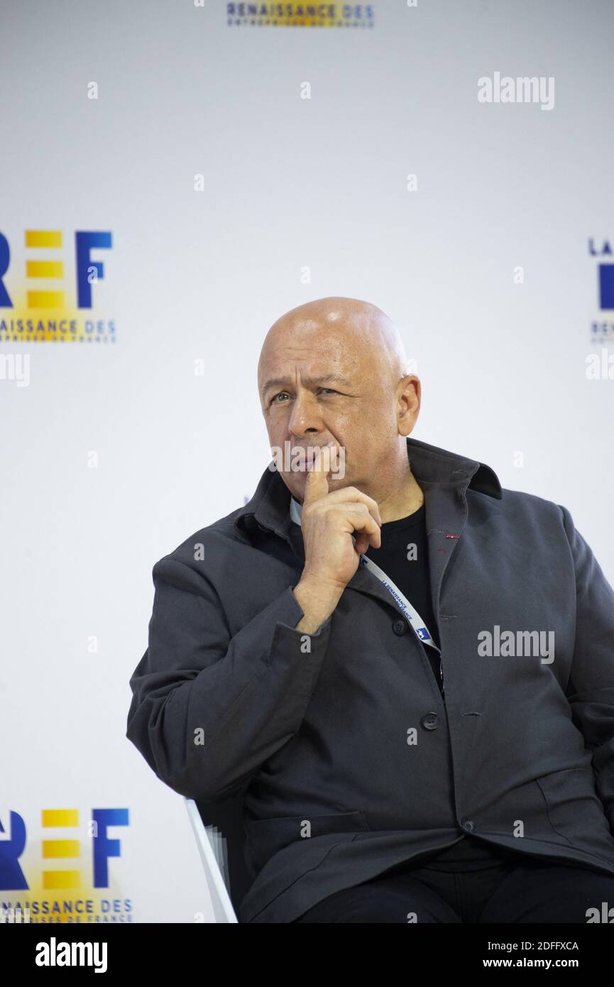 French chef and TV host Thierry Marx gestures a session of the summer meeting of French employers' association Medef themed 'The Renaissance of French Companies' at the Longchamp horse racetrack in Paris, France on August 26, 2020. Photo by Eliot Blondet/ABACAPRESS.COM Stock Photo