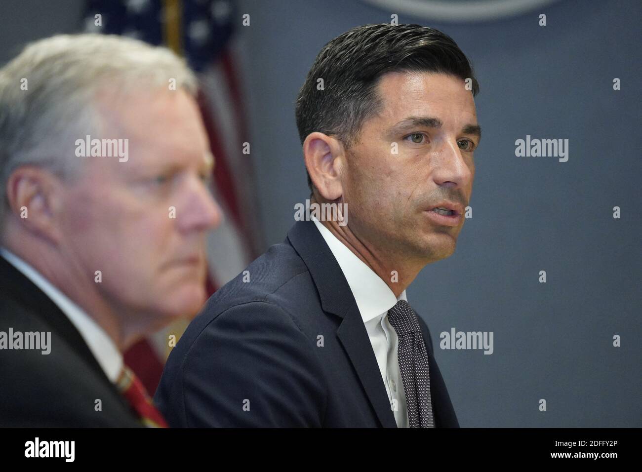 Chad Wolf, acting United States Secretary of Homeland Security, and Under Secretary of Homeland Security for Strategy, Policy, and Plans (R). U.S. President Donald Trump visits the Federal Emergency Management Agency (FEMA) headquarters for a briefing on Hurricane Laura. Washington, DC, USA, August 27, 2020. Photo by Erin Scott/Pool/ABACAPRESS.COM Stock Photo