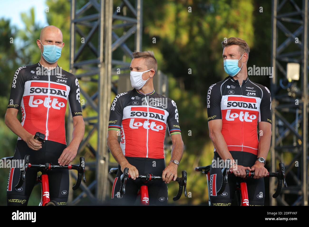 Handout photo. Lotto - Soudal team members during the presentation of the  official teams taking part in the Tour de France 2020 in Nice, South of  France on August 27, 2020. Photo