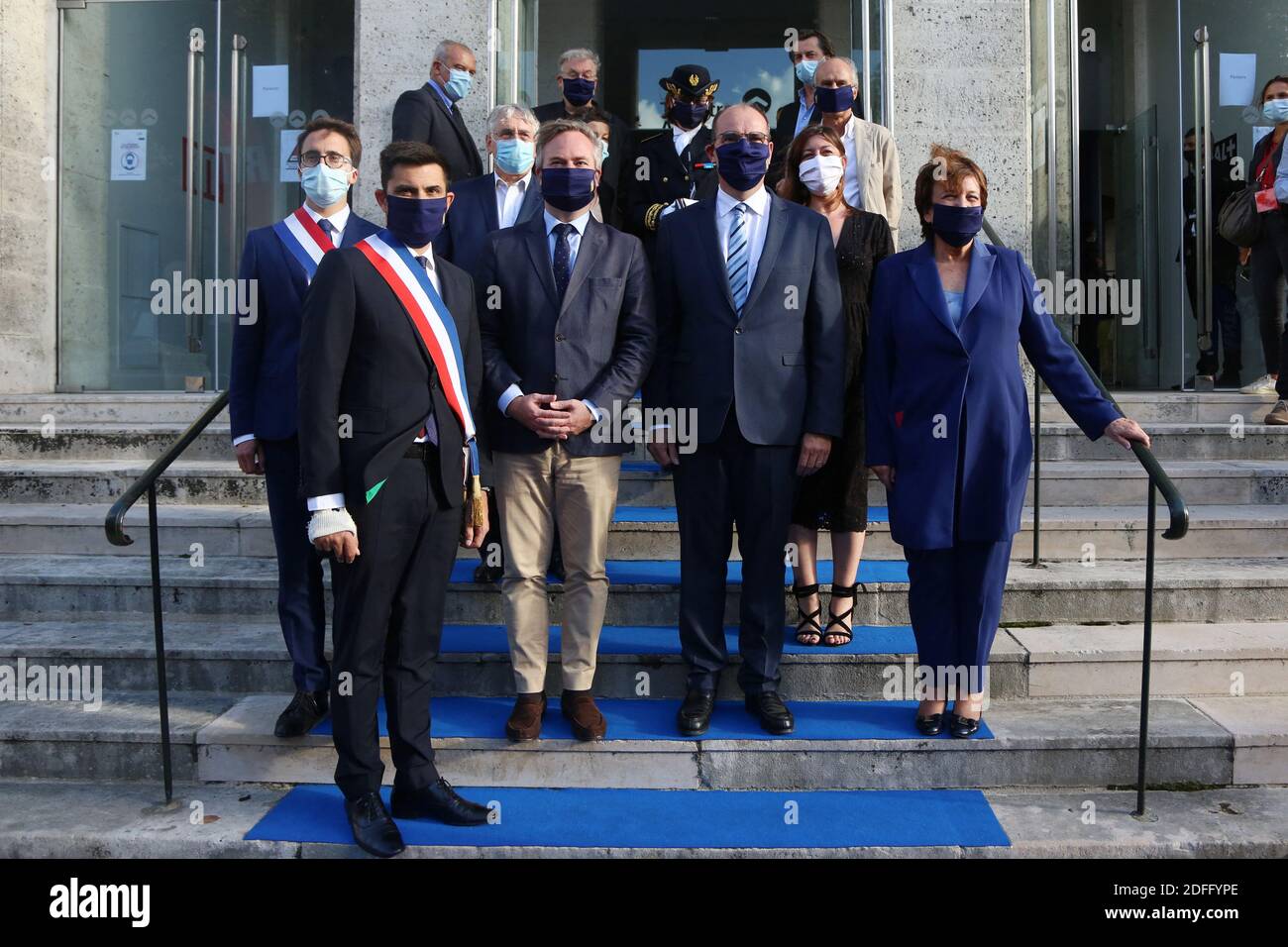 Dominique Besnehard, Thomas Mesnier, Prime Minister Jean Castex, French  Culture Minister Roselyne Bachelot, mayor of the city Xavier Bonnefont,  French Abroad and Francophonie Jean-Baptiste Lemoyne, Magali Debatte,  Sandra Marsaud attending the opening