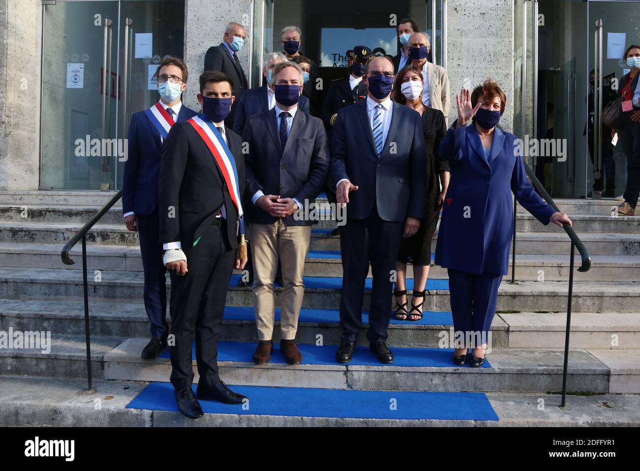 Dominique Besnehard, Thomas Mesnier, Prime Minister Jean Castex, French  Culture Minister Roselyne Bachelot, mayor of the city Xavier Bonnefont,  French Abroad and Francophonie Jean-Baptiste Lemoyne, Magali Debatte,  Sandra Marsaud attending the opening