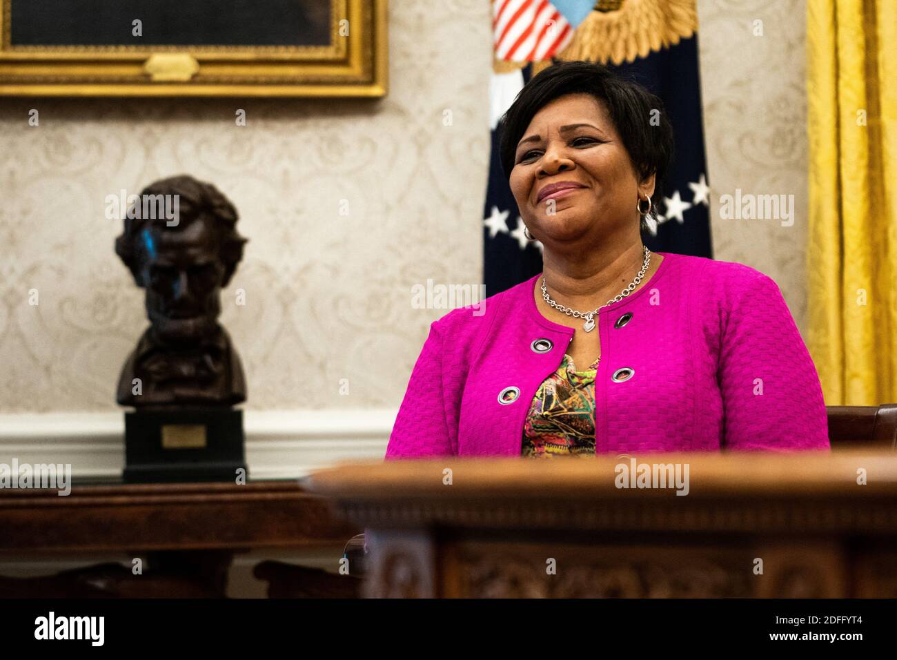 Alice Marie Johnson, criminal justice reform advocate, listens as