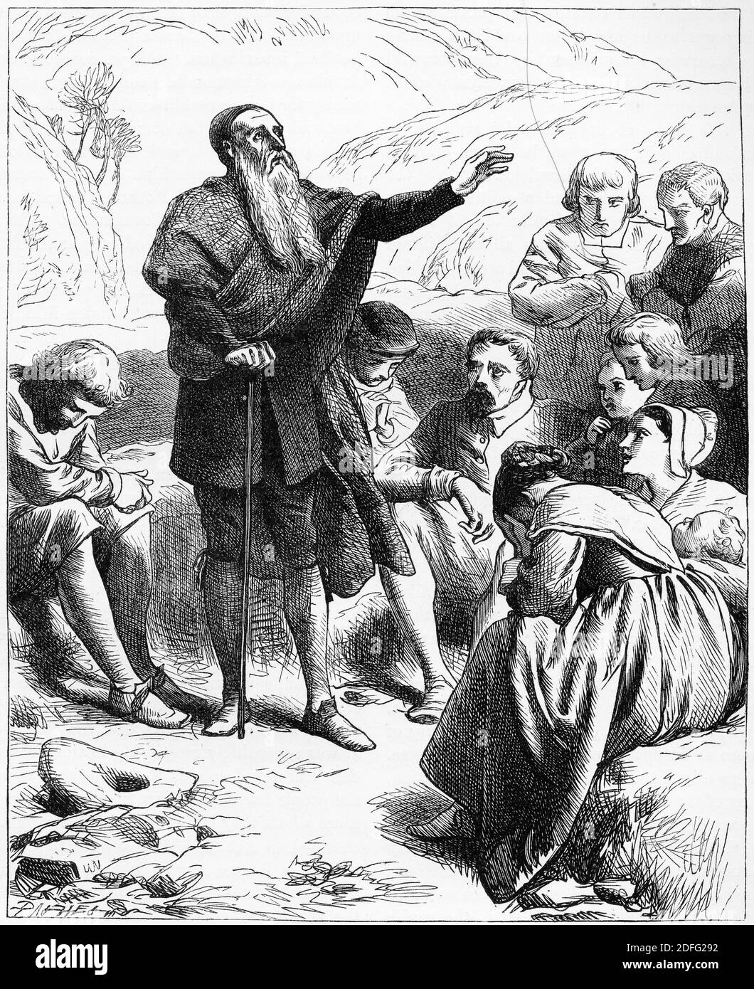 Engraving of Presbyterian worshippers in Scotland worshipping at an illegal conventicle on a hill-side. These field meetings were held  sometimes under cover of night, in the open air, on moors or hills, or in glens and ravines, or wherever safety and suitability could be combined. Illustration from 'The history of Protestantism' by James Aitken Wylie (1808-1890), pub. 1878 Stock Photo