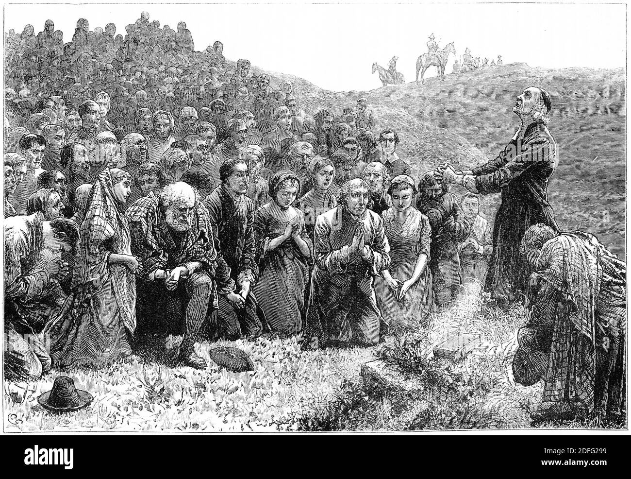 Engraving of Scottish Covenanters worshipping at Whitadder in defiance of English law. Illustration from 'The history of Protestantism' by James Aitken Wylie (1808-1890), pub. 1878 Stock Photo