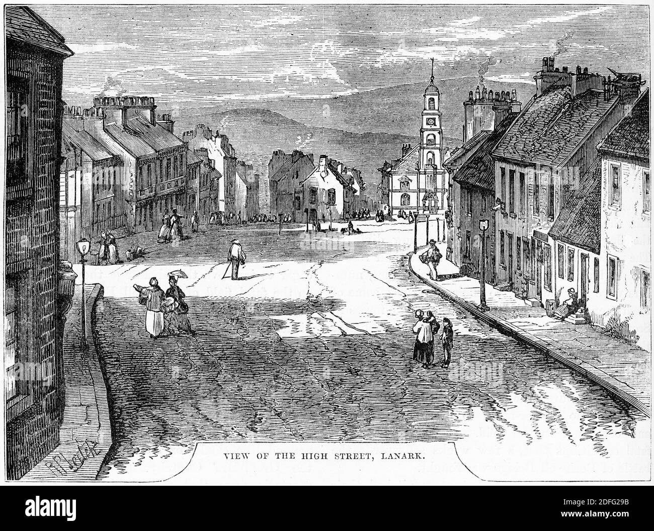 Engraving of High Street, Lanark, Scotland, circa 1650. Ilustration from 'The history of Protestantism' by James Aitken Wylie (1808-1890), pub. 1878 Stock Photo