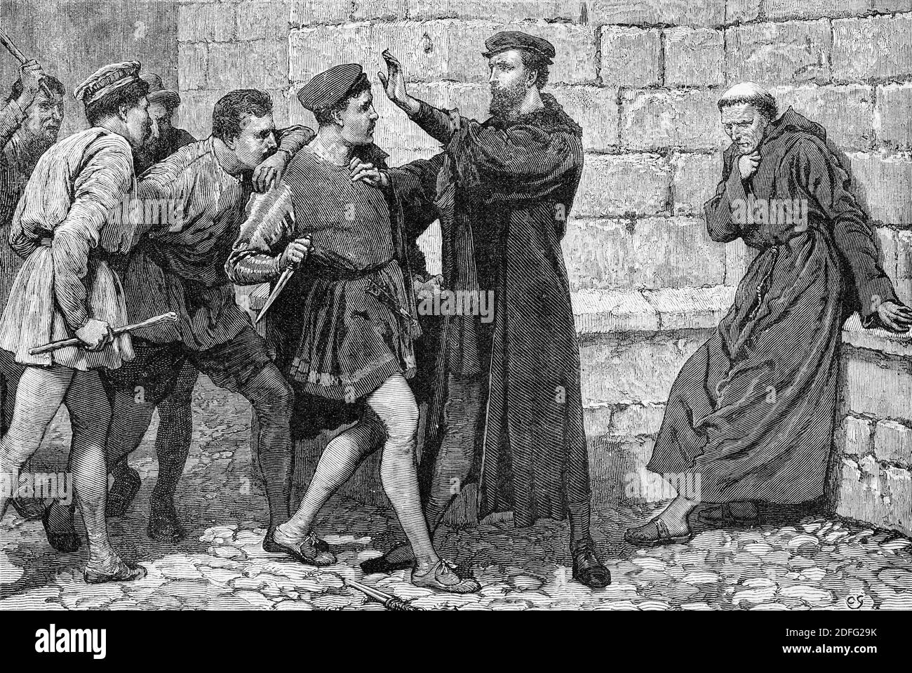 Engraving of George Wishart (1513-1546) Scottish religious reformer and Protestant martyr, protecting his would-be assassin. Illustration from 'The history of Protestantism' by James Aitken Wylie (1808-1890), pub. 1878 Stock Photo