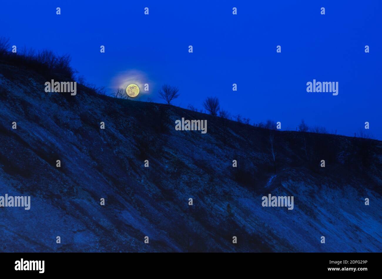 full moon rises at cold winter landscape at blue hour Stock Photo