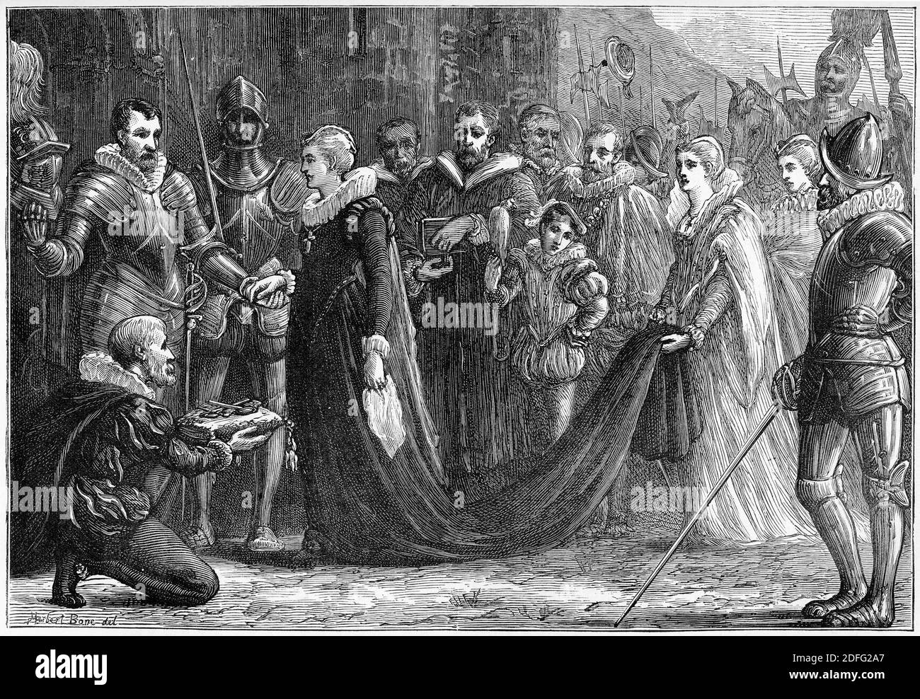 Engraving of Mary Queen of Scots entering Hollyrood Palace.   Illustration from 'The history of Protestantism' by James Aitken Wylie (1808-1890), pub. 1878 Stock Photo