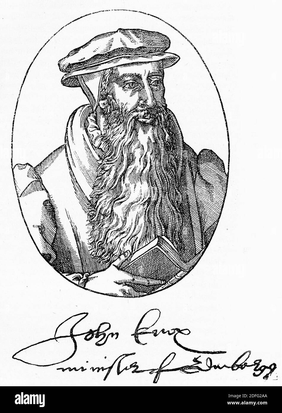 Engraving of Scottish reformer John Knox and signature. Illustration from 'The history of Protestantism' by James Aitken Wylie (1808-1890), pub. 1878 Stock Photo