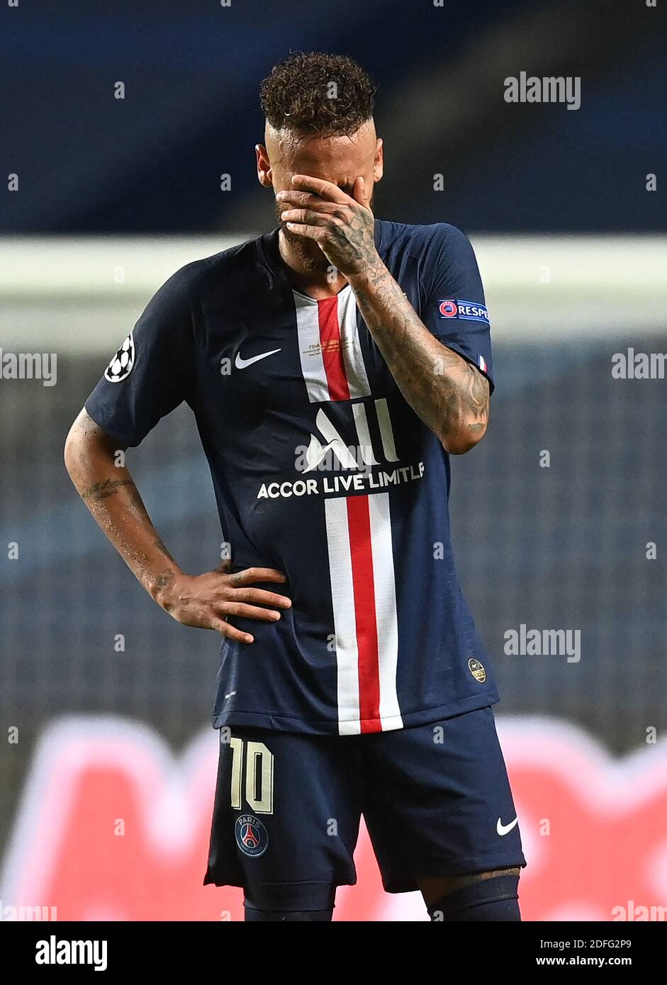 Hand out file photo dated August 23, 2020 of Neymar of Paris Saint-Germain  looks dejected during the UEFA Champions League Final match between Paris  Saint-Germain and Bayern Munich at Estadio do Sport