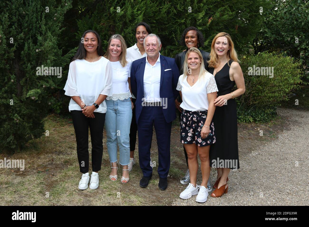 Selma Bacha, Stephanie Gillard, Sarah Bouhaddi, Jean-Michel Aulas, Wendie  Renard, Eugenie Le Sommer and Julie Gayet seen at the Les Joueuses  Photocall as part the 13th Angouleme Film Festival in Angouleme, France