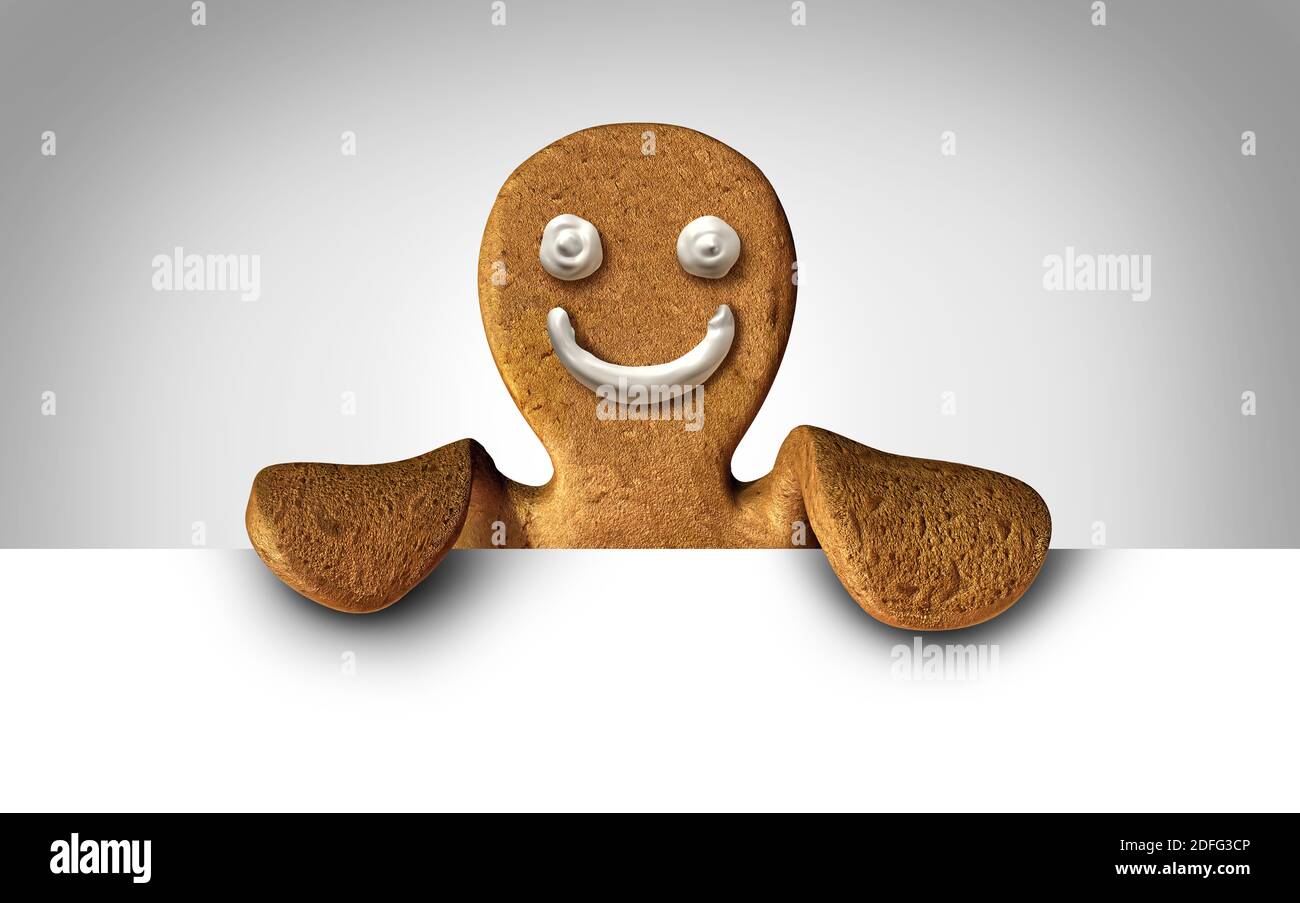 Gingerbread man with icing as a holiday cookie holding a sign or a ginger bread character behind a blank card as festive baking or festive holidays. Stock Photo