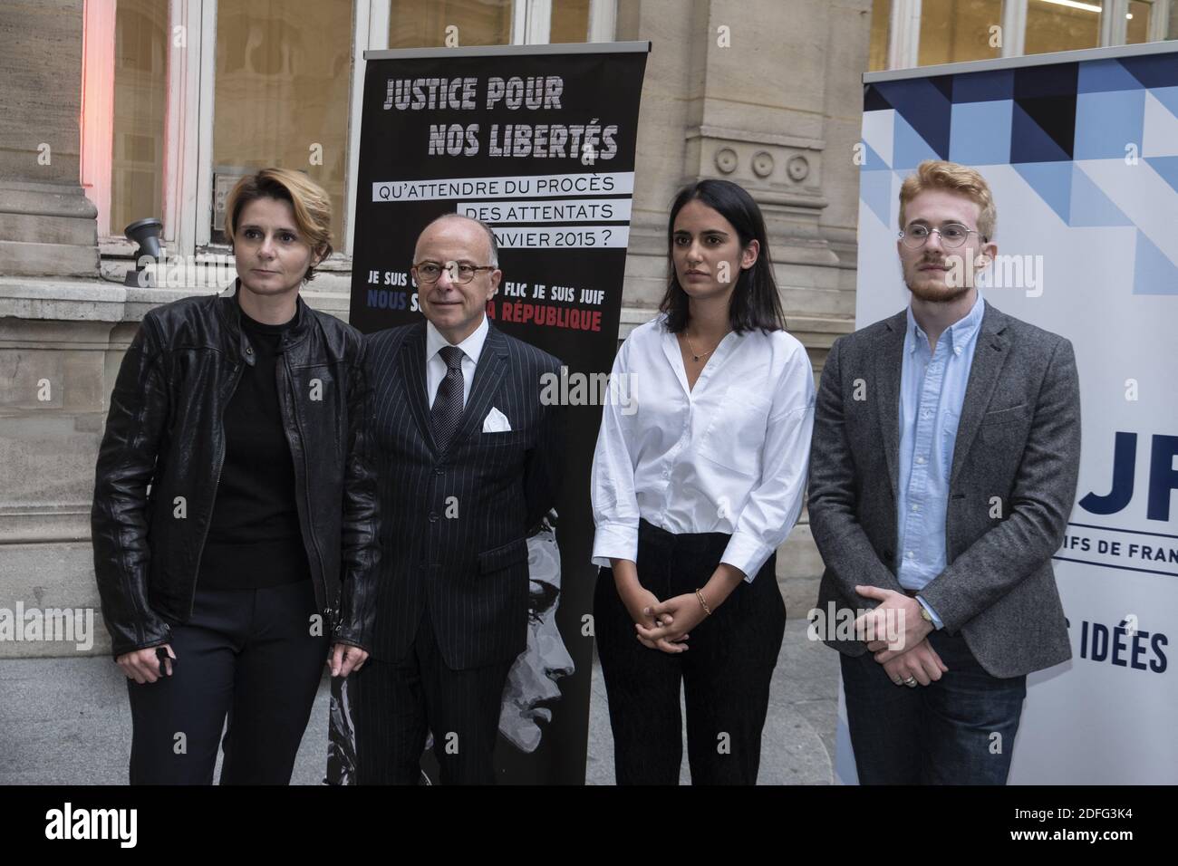 French director Caroline Fourest, French former Prime Minister Bernard Cazeneuve, Noémie Madar, President of the Union of Jewish Students of France (UEJF) and Yossef Murciano during a round table with witnesses and personalities organized by the UEJF, on the eve of the opening of the trial of the January 2015 attacks. Paris, France on September 1, 2020. Photo by Pierrick Villette/Avenir Pictures/ABACAPRESS.COM Stock Photo