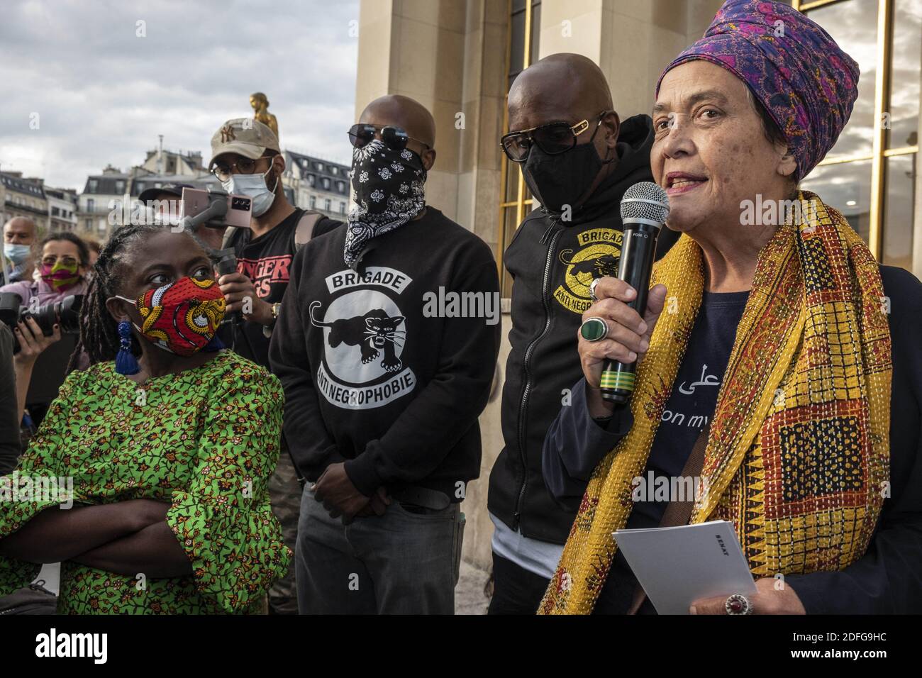 Danièle Obono, Franco of the Anti-Negrophobia Brigade and Françoise Vergès of the Frantz Fanon association during anti racism and support rally for MP Mrs. Daniele Obono at the Trocadero, Paris, France on September 5, 2020 following the publication, in newspaper Valeurs Actuelles, of a drawing depicting her as a slave. Photo by Pierrick Villette/Avenir Pictures/ABACAPRESS.COM Stock Photo