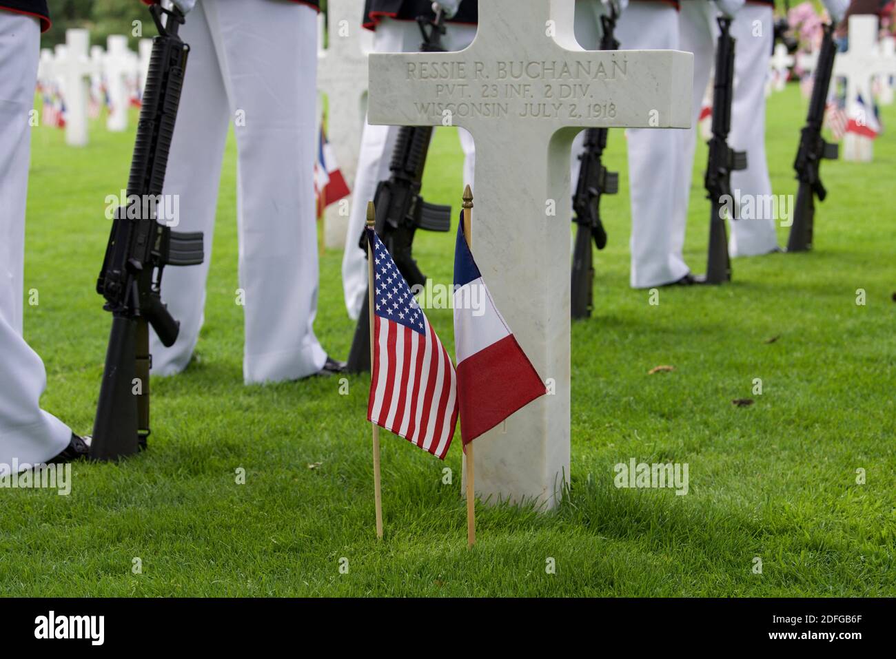 Hand out file photo dated May 27, 2018 of Marines with the firing detail of the 6th Marine Regiment stand ready during the Battle of Belleau Wood Centennial ceremony at the Aisne-Marne American Cemetery, France. The Ceremony commemorated the sacrifices made at WWI. President Trump reportedly skipped his scheduled visit to the Aisne-Marne American Cemetery near Paris in 2018 after dismissing the U.S. soldiers who died during the Battle of Belleau Wood as “losers.” According to a report in The Atlantic published Thursday, Trump’s excuses of “the helicopter couldn’t fly” and that the Secret Servi Stock Photo