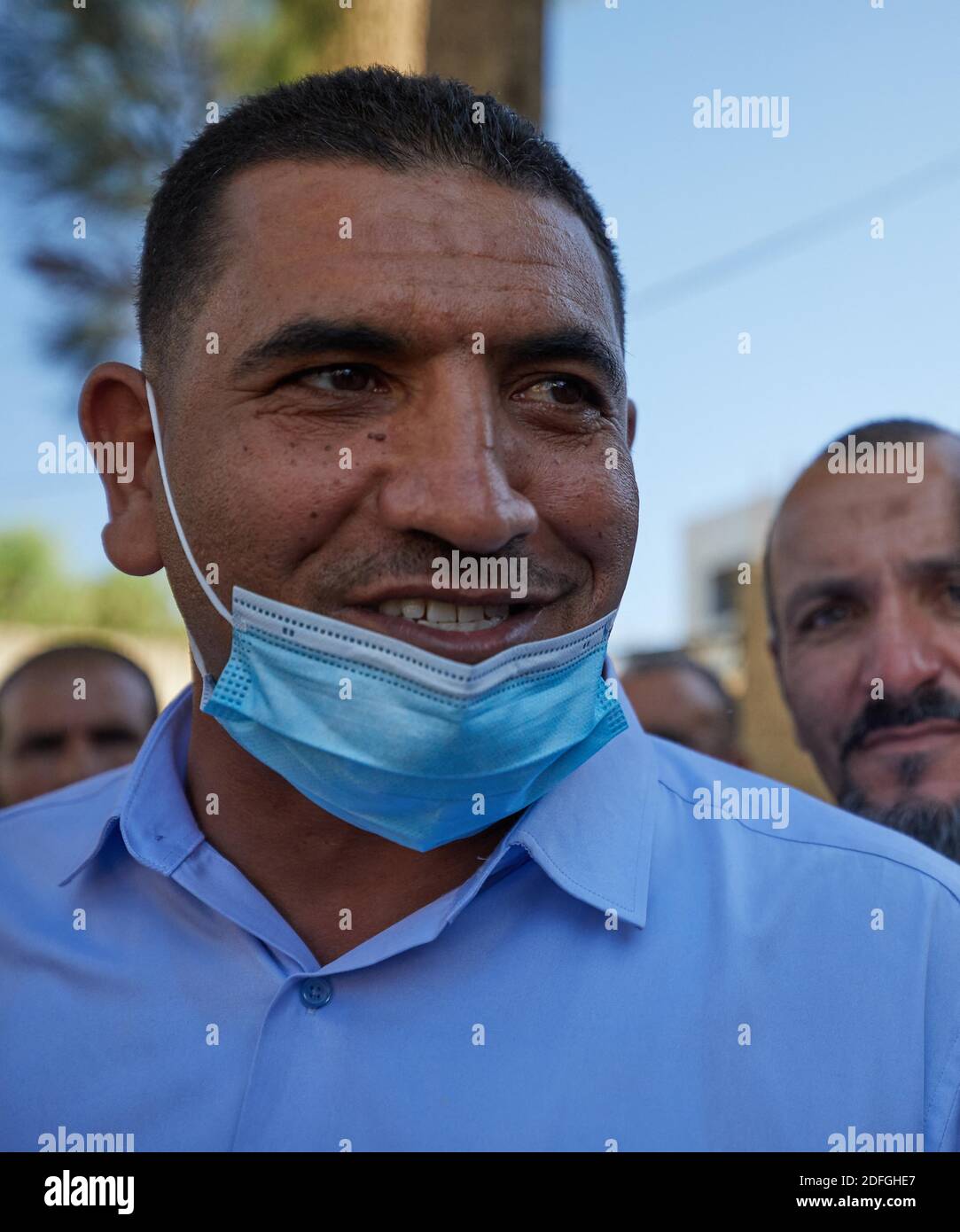 Karim Tabbou, one of the most prominent figures of 'Hirak' before the court of Kolea where his trial was postponed to October 26, 2020. As a reminder, Tabou has been prosecuted for 'undermining the morale of the army' since September 2019. On September 25, 2019, the indictment chamber of the Tipaza court decided to place the accused under judicial supervision and ordered his release. Algiers, Algeria on September 14, 2020. Photo by Louiza Ammi/ABACAPRESS.COM Stock Photo
