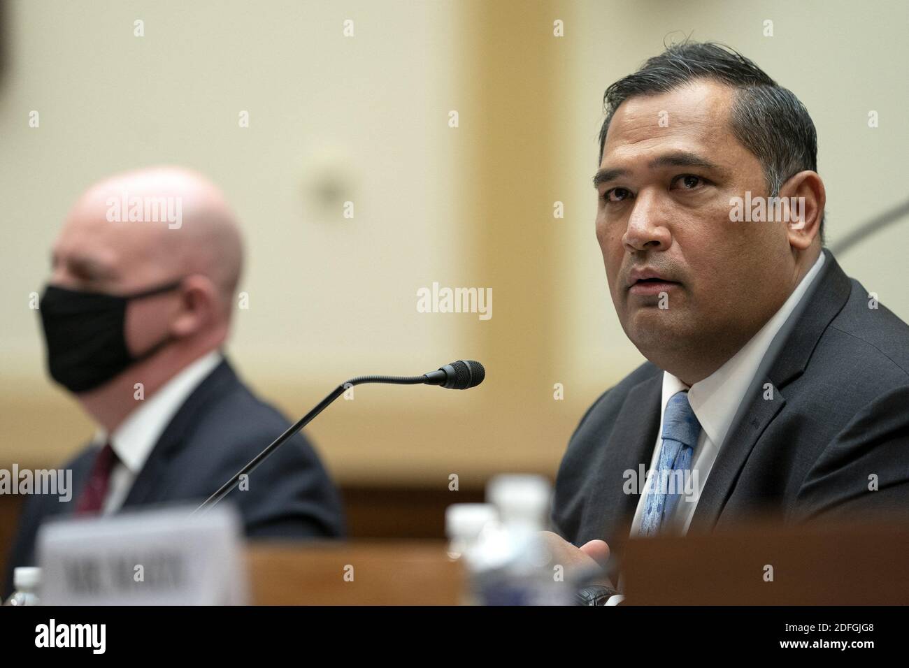Brian Bulatao, under secretary of state for management at the U.S. Department of State, right, speaks during a House Foreign Affairs Committee hearing in Washington, D.C., U.S., on Wednesday, Sept. 16, 2020. The hearing is investigating the firing of State Department Inspector General Steve Linick. Photo by Stefani Reynolds/Pool/ABACAPRESS.COM Stock Photo
