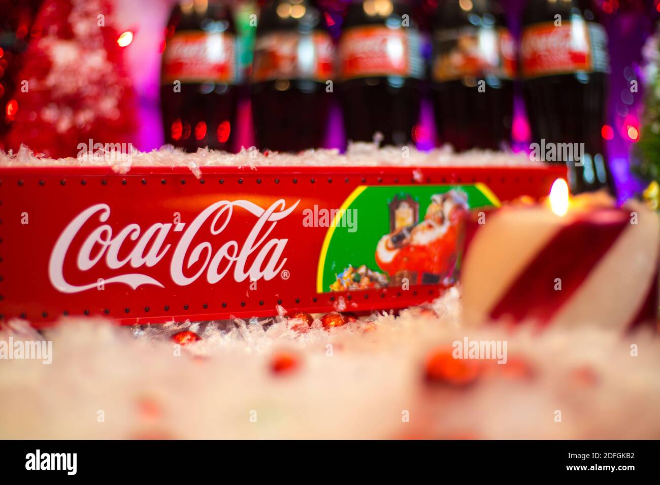 Augusta, Ga USA - 12 04 20: Coca Cola holiday scene with a coke truck  bottles in the background Stock Photo - Alamy