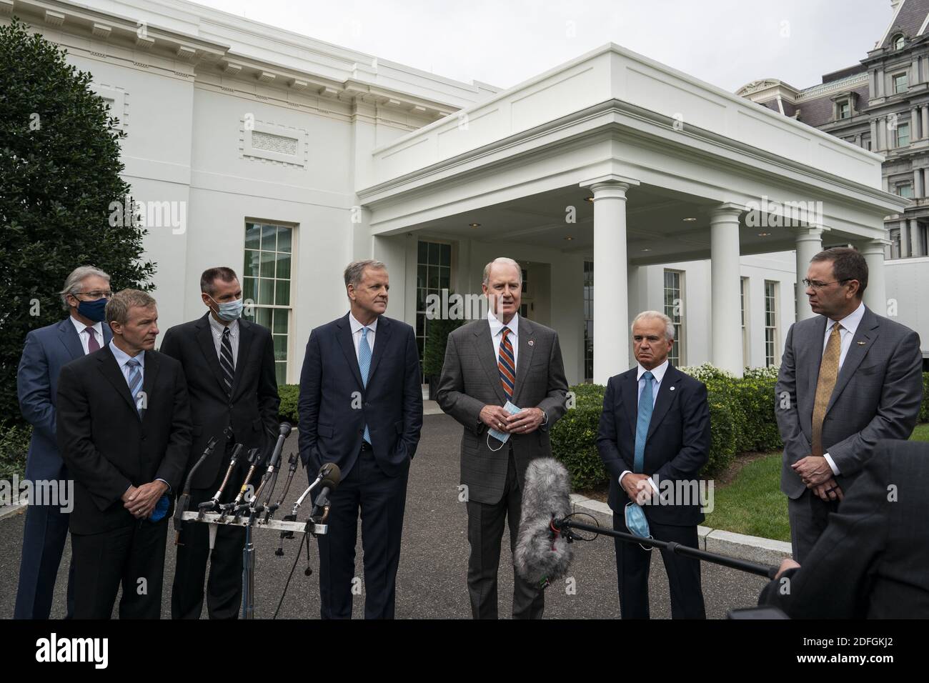 Left to right: Delta CEO Ed Bastian, United CEO Scott Kirby, Hawaiian President and CEO Peter Ingram, American Airlines chairman and CEO Doug Parker, Southwest Airlines Chairman and CEO Gary Kelly, Airlines For America President and CEO Nicholas Calio, and Alaska President and CEO Brad Tilden, speak with reporters outside the White House on September 17th, 2020 in Washington, D.C. The executives just finished a meeting with White House Chief of Staff Mark Meadows during which they discussed an extension of COVID-19 relief benefits to the major airlines. Photo by Alex Edelman/Pool via CNP/ABACA Stock Photo