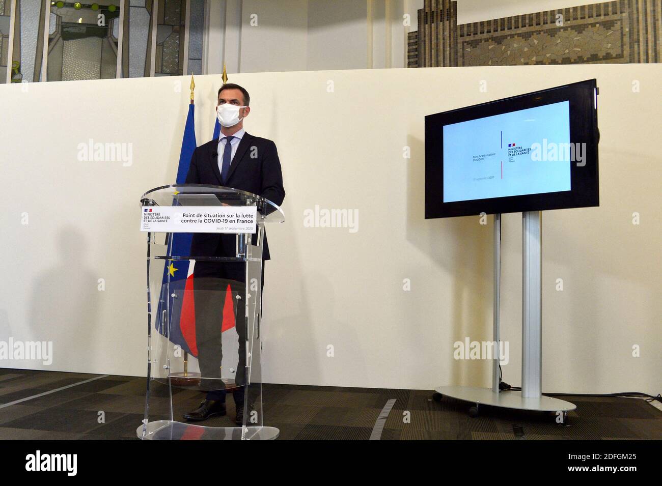 French Health Minister Olivier Veran addresses media representatives ...