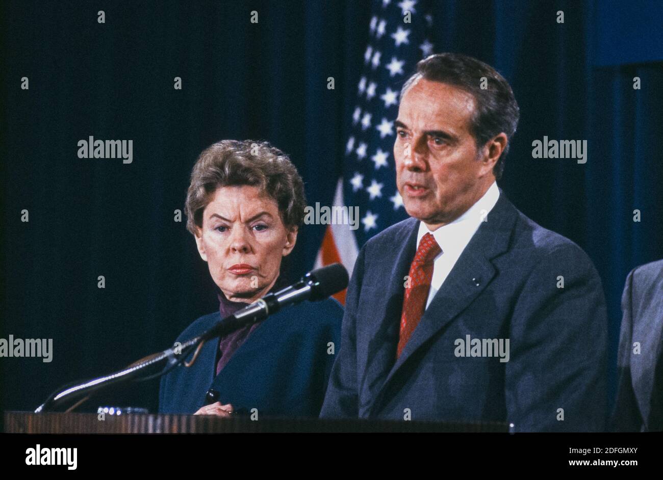 United States Senate Minority Leader Bob Dole (Republican of Kansas) accepts the endorsement of his candidacy for the Republican nomination as President of the US, from former US Ambassador to the United Nations Jeanne Kirkpatrick at a press Conference in Washington, DC on March 3, 1988.Photo by Ron Sachs / CNP /ABACAPRESS.COM Stock Photo