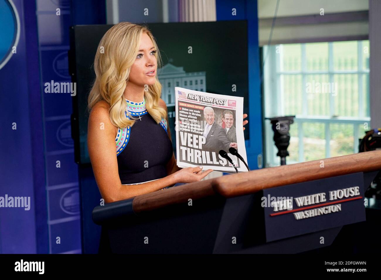 Kayleigh McEnany, White House press secretary, holds a copy of the New York Post during a news conference in the James S. Brady Press Briefing Room at the White House in Washington, D.C., U.S., on Thursday, September 24, 2020. Photo by Erin Scott/Pool/ABACAPRESS.COM Stock Photo