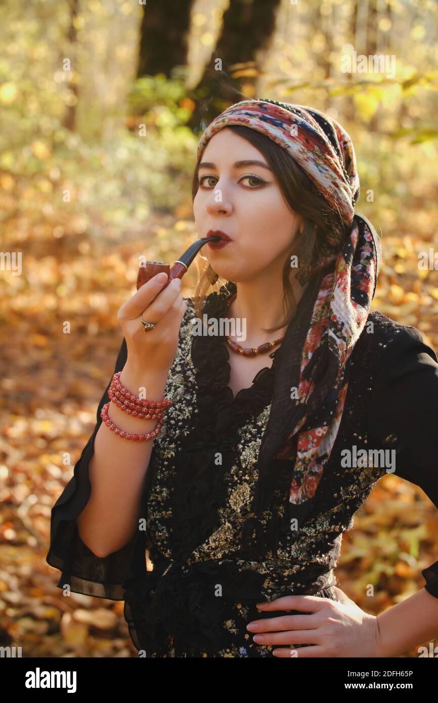Smoking Lady Plays in the Forest