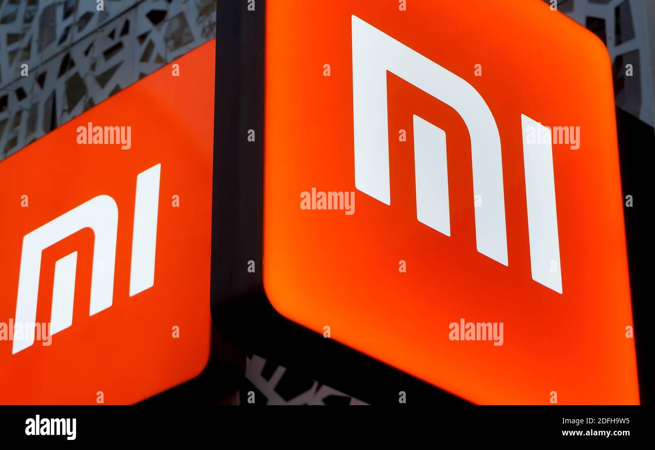 Bucharest, Romania - November 25, 2020: A mi logo Xiaomi Corporation, Chinese multinational electronics company, is displayed on the top of an electro Stock Photo