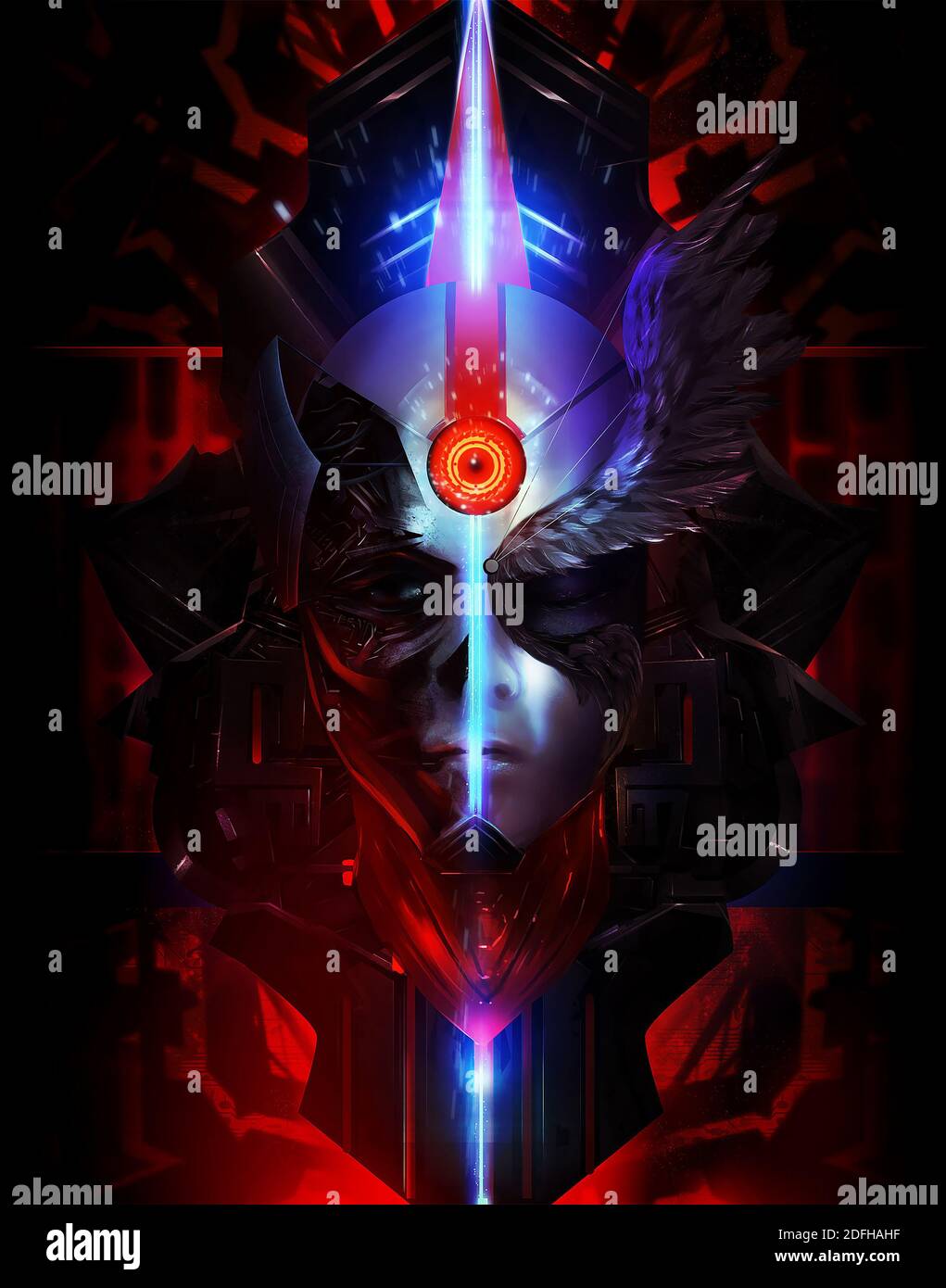Scifi angel and devil looking mask portrait illustration with neon lights and metal shapes. Stock Photo
