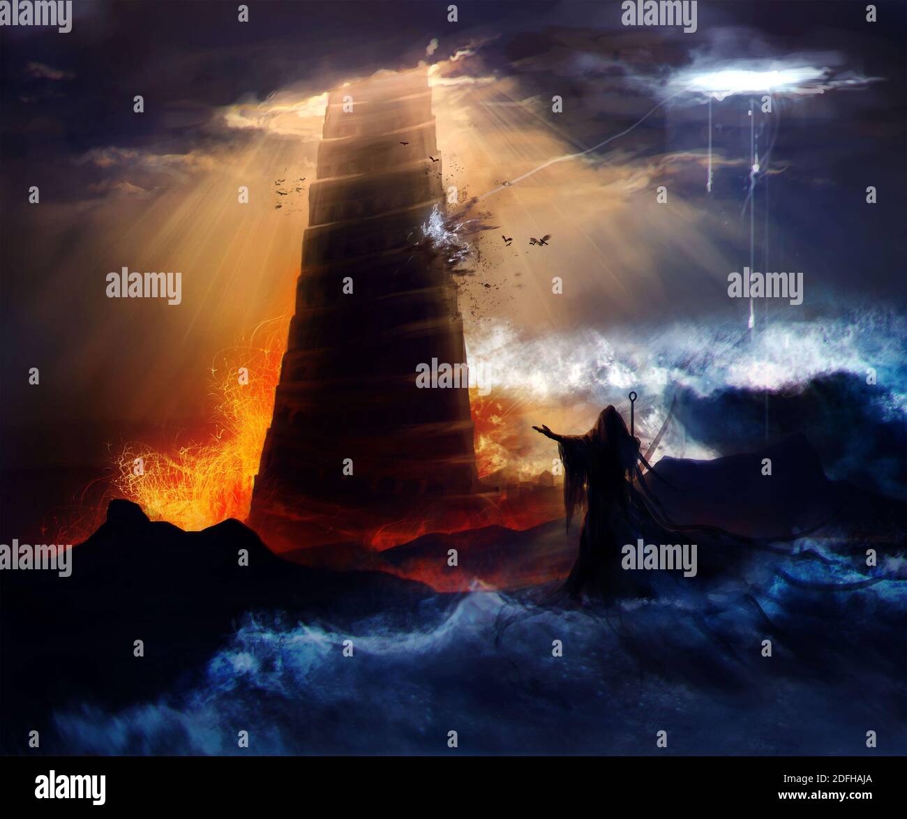 Sorcerer in hood standing in front of an ancient destructed Babylon tower with flood, fire & hurricane illustration. Stock Photo