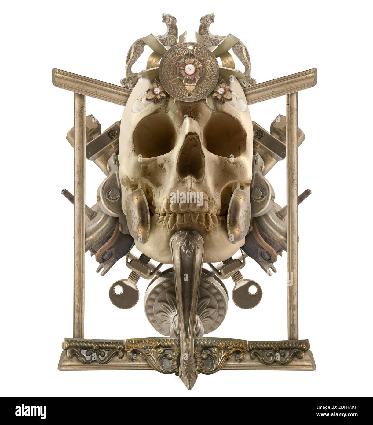 Isolated detailed copper skull composition with antique etched elements, border & jewelry on white background. Stock Photo